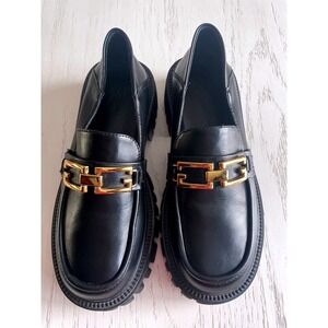 Women's‎ Black Lattelier Chunky Lug Sole Loafers Gold Chain Accent  Shoes US 6